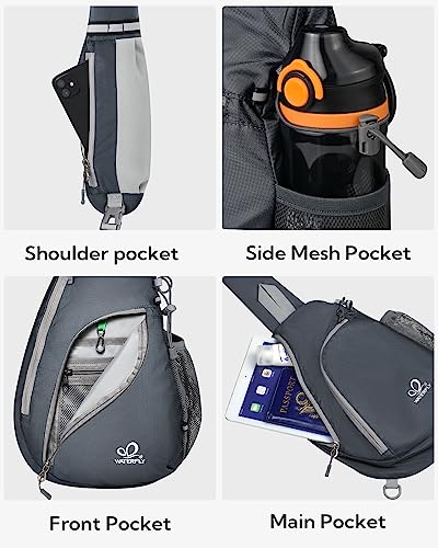 WATERFLY Crossbody Sling Bag Small Water Resistant Backpack Lightweight Shoulder Chest Daypack for Men Women Hiking Travel - color: Gray/W