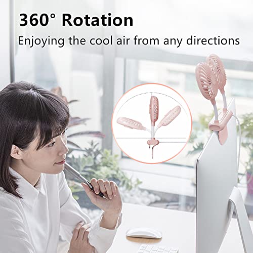 Desktop Fan with 2 Rotatable Heads, 3 Speeds, Sturdy Clamp, USB Powered Cooling Fan for Office Desk & Laptop - color: Pink