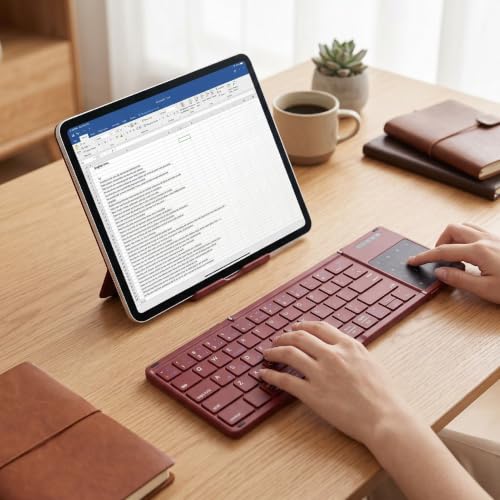 Foldable Keyboard with Touchpad, PU Leather Cover Bluetooth, Rechargeable 3 Fold Wireless Keyboard with Number Pad for Travel Tablet Laptop Users (Wine Red) - color: Wine Red
