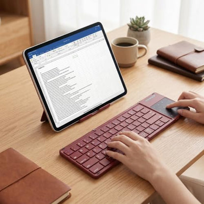 Foldable Keyboard with Touchpad, PU Leather Cover Bluetooth, Rechargeable 3 Fold Wireless Keyboard with Number Pad for Travel Tablet Laptop Users (Wine Red) - color: Wine Red