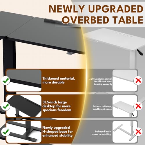 Big Big 32" W x 16" D Tilt Desktop Overbed Table with H-Shaped Sturdy Base, Stable Metal and 360° Concealed Casters, Moveable Bedside Desk for Home,Office,Hospital Use (Black) - color: Black, style: Tilt