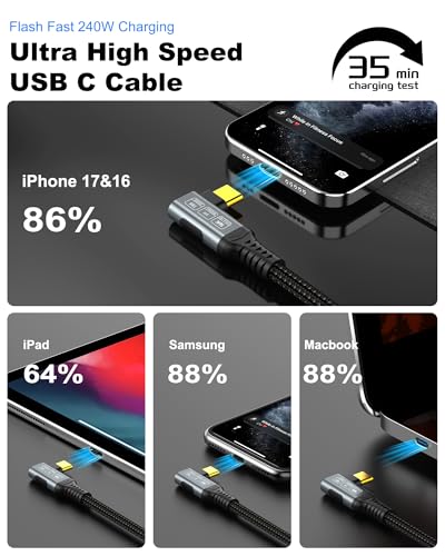 80Gbps Right Angle USB 4 Cable for Thunderbolt 5 Cable 6.6FT, 240W Charging, Up to 120Gbps Bandwidth for 16K/Dual 8K, Braided USB C to USB C Cable for Thunderbolt 4, Macbook Pro, iPhone 17, SSD