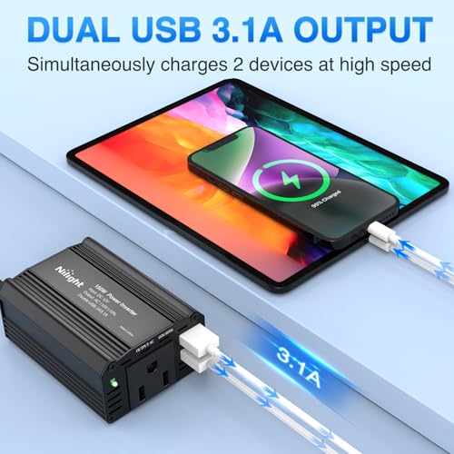 Nilight 150W Power Inverter with 3.1A Dual USB Ports and 1 AC Outlets | 12V DC to 110V AC Car Charger Converter for Phones Tablets Laptop Computer Game Console Kindle iPad DVD Players Black - color: 150W USB*2 110V Outlet