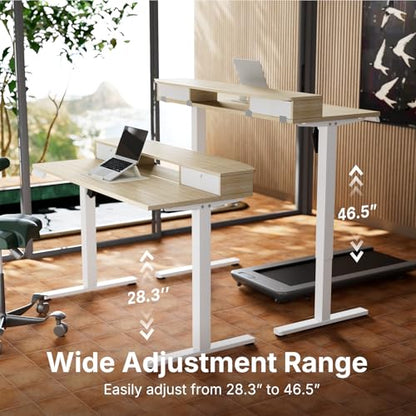 HUANUO 47.2" X 23.6" Electric Standing Desk with 2 Drawers, C-Clamp Mount Compatible, Height Adjustable Computer Desk, Home Office Stand Up Desk with 4 Preset Heights & 2 Hooks, Light Walnut - color: Light Walnut, size: 47.2" X 23.6"