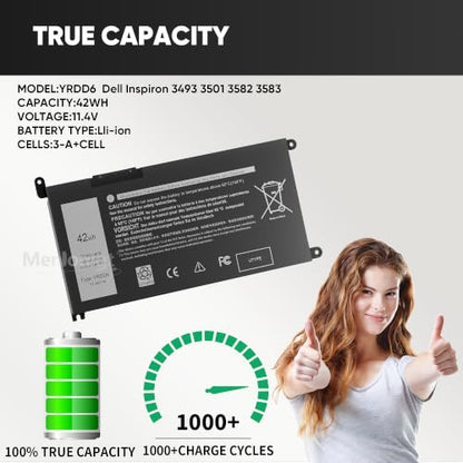 42Wh YRDD6 1VX1H Battery for Dell Inspiron 3493 3501 3582 3583 3584 3593 3793 5480 5481 5482 5485 5491 5493 5585 5590 5591 5593 5594 5598 7586 OYRDD6 VM732 OVM732 1VX1H 01VX1H 11.4V 3-Cell - size: 6.85 x 3.5 x 0.25 inches YRDD6 BATTERY