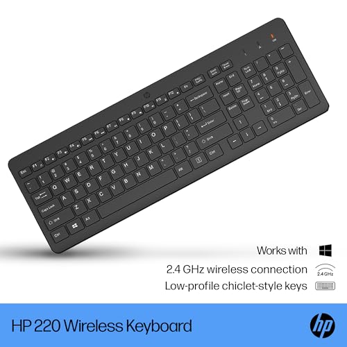 HP 220 Wireless Keyboard - 2.4GHz Connectivity w/Data Encryption - Low-Profile Chiclet Keys - Win/Mac - Laptop, PC Compatible - Shortcut Keys & Num Pad - LED Num, Caps, & Scroll Lock (‎‎805T2AA#ABA) - size: Full Size, style: Keyboard
