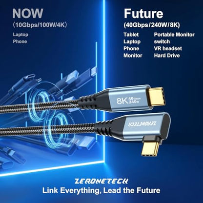 ZeroneTeck USB C Monitor Cable 8K@60Hz/4K@144Hz, 40Gbps High Speed Data Transfer, Right Angle Display Video Cable, 90 Degree USB C 3.2 Gen 2x2 240W PD for iPhone 17,MacBook,iPad,Lenovo,KYY,SSD - 3.3FT - size: 3.3FT, style: Right Angle
