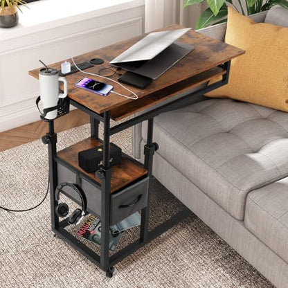 FAHKNS Adjustable C Table with Charging Station, Tiltable Desk C Shaped End Table for Couch, Over Bed Table with Wheels Adjustable Height, Hospital Laptop Stand Drawing Desk
