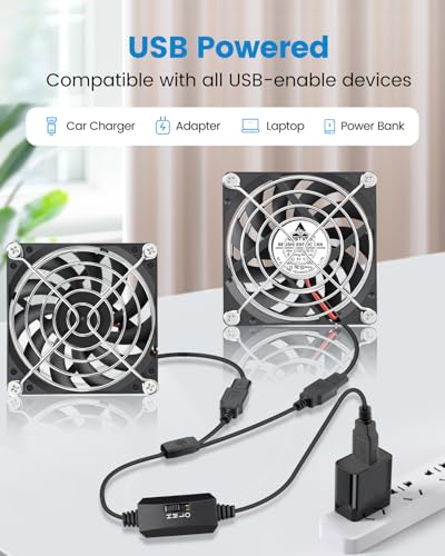 GDSTIME Dual 80mm x 10mm Slim USB Fan with 3 Speeds Control, DC 5V Powered | L/M/H Adjustable, Brushless, Ultra Thin 8010, 80x80x10mm, for Mini Computer PC, Receiver, DVR, Cable Box, DIY Cooling Project - size: 80x10mm