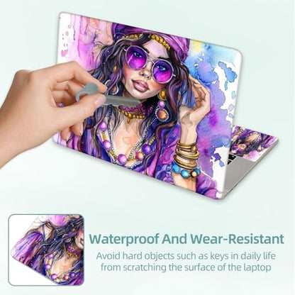Universal Laptop Skin Decal, 3-Piece Vinyl Protector for 12 13 14 15.6" Notebook, Waterproof Anti-Scratch, Easy Trim & Bubble-Free Finish, Elegant Young Hippie Woman in Purpl - color: Elegant Young Hippie Woman in Purpl