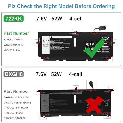 52Wh FP86V 722KK Laptop Battery Replace for Dell XPS 13 9300 (2020 Edition) XPS 13 9310 (2020 Edition) XPS 13 9380 (2020 Edition) P117G P117G002 P117G001 Series Notebook 02XXFW 2XXFW 0WN0N0 WN0N0 - size: 10.51*4.06*0.16inch 722KK