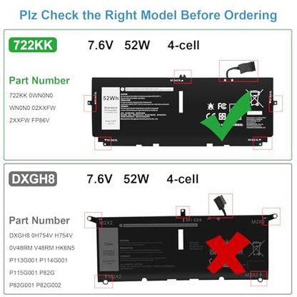 52Wh FP86V 722KK Laptop Battery Replace for Dell XPS 13 9300 (2020 Edition) XPS 13 9310 (2020 Edition) XPS 13 9380 (2020 Edition) P117G P117G002 P117G001 Series Notebook 02XXFW 2XXFW 0WN0N0 WN0N0 - size: 10.51*4.06*0.16inch 722KK