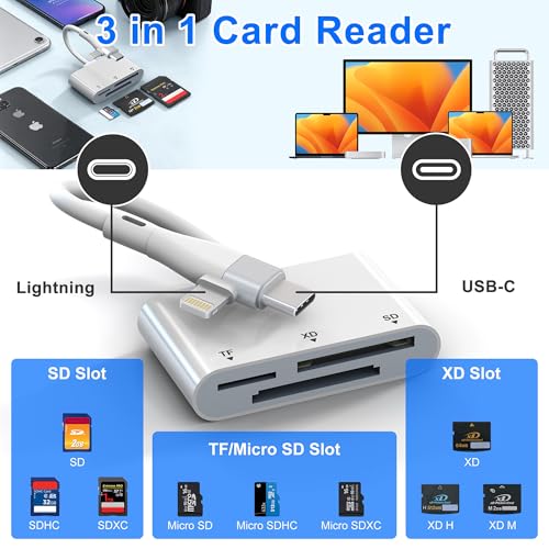 XD Card Reader for Lightning/USB C, 3 in 1 SD Card Reader, XD/SD/TF XD Picture Card Reader for iPhone 17/16/15/14/Macbook/Android/PC/Computer/Laptop, Plug & Play