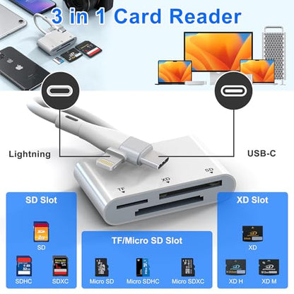 XD Card Reader for Lightning/USB C, 3 in 1 SD Card Reader, XD/SD/TF XD Picture Card Reader for iPhone 17/16/15/14/Macbook/Android/PC/Computer/Laptop, Plug & Play