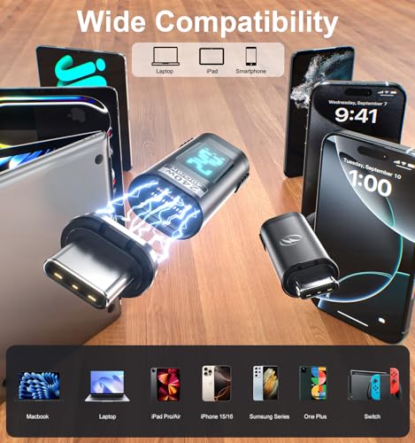 240W USB C Magnetic Adapter 2Pack, 24 Pin Straight 8K 60Hz USBC 4 40Gbps | Straight USB C Power Meter Tester, Digital Display, Support Voltage, Current and Power Smart LED Display Video for 17/16/15 - style: Straight