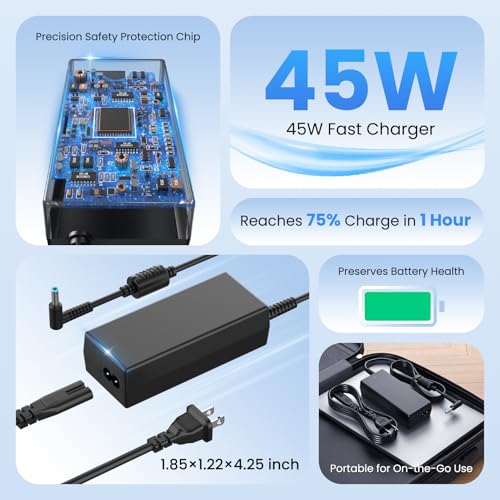 45W Charger for HP Laptop Charger Pavilion 15 4.5mm Blue Tip | 19.5V 4.5mm blue tip Compatible with select HP models 10ft total cord included - size: 45W Blue Tip 4.5mm x 3.0mm