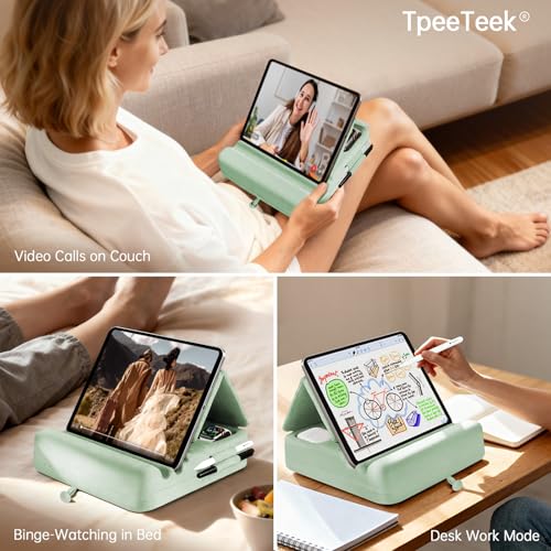 Tablet Pillow Stand with Storage, Foldable iPad Holder for Lep, Bed, Sofa, and Desk - Soft Pad Dock with Pocket and Stylus Mount Compatible with 4-13" iPad Pro/Air/Mini, Galaxy Tab, Kindle - color: Green