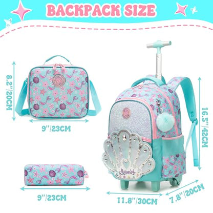 Rolling Backpack for Girls Rolling Backpack Travel Backpack with Lunch Box for Teen Girls Trolley Bag Cute Bookbag for Kids - color: lvbeike