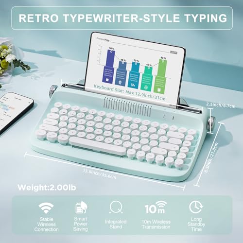 YUNZII ACTTO B303 Wireless Typewriter Keyboard, Bluetooth Connection, Cute Retro Aesthetic Design with Integrated Stand for Tablet, Phone, PC and Win/Mac/Android (B303, Sweet Mint) - style: Sweet Mint