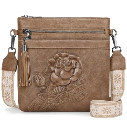 Vegan Leather Purses for Women, Daily Travel Crossbody Bags | Small Multi-Pocket Shoulder Bag with Adjustable Boho Wide Strap - color: Apricot Brown