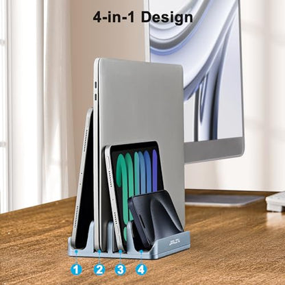 JARLINK 4-in-1 Adjustable Vertical Laptop Stand Holder, Aluminum Dual Slots Laptop Rack for Desk, Space-Saving Organizer Compatible with All MacBook, Surface, Chromebook, and Gaming Laptops (Grey) - color: Gray