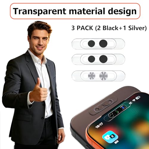 3 Pack Ultra Thin Front Camera Privacy Cover for iPhone | For iPhone 14/15/16/17 Pro Pro Max, thin clear adhesive slider, full Face ID access, anti-spy anti-scratch, 2 Black 1 Silver