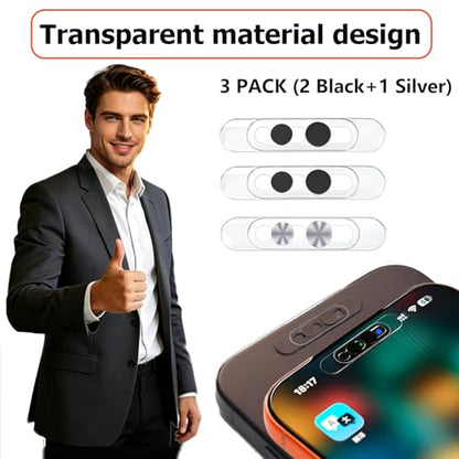 3 Pack Ultra Thin Front Camera Privacy Cover for iPhone | For iPhone 14/15/16/17 Pro Pro Max, thin clear adhesive slider, full Face ID access, anti-spy anti-scratch, 2 Black 1 Silver