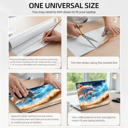 Ocean Wave Dolphin Universal Laptop Skin Sticker 3PCS, Protective Decal Trim-to-Fit 11.6" 13.3" 14" 15.6" Laptop Vinyl Cover, Removable Anti-Scratch Computer Decal Protector - color: Ocean Wave Dolphin