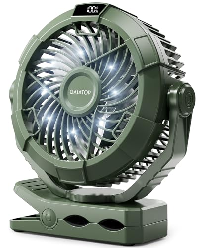 Gaiatop Portable Camping Fan with LED Lantern, 360°Rotation and Clip on for Desk, USB Rechargeable Battery Powered, Digital Display and Hanging Hook for Tent Outdoor Travel Bedroom Green - color: Green