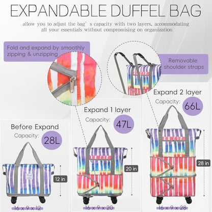 VOOWO Rolling Duffel Bag - Foldable Expandable Duffle With Wheels for Travel, Luggage Carry On, Large Backpack Weekend Bag for Men Women (Rainbow) - color: Rainbow
