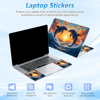 Universal Laptop Skin Sticker Decal with 2 Wrist Pad Skins, Waterproof Scratch Vinyl Cover for 11–15.6 Inch MacBook, HP, Dell, Lenovo, Cutable & Reusable,Dolphin Heart Sunset - color: Dolphin Heart Sunset