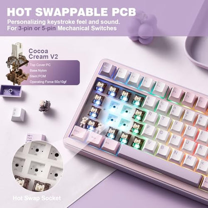 YUNZII B75 PRO Wireless Mechanical Gaming Keyboard | Custom 75% Layout with Knob,Gasket Mount,Hot Swap,Creamy Pre-lubed Switch,BT/USB-C/2.4G(Cocoa Cream V2 Switch,Purple) - color: Purple, size: Cocoa Cream V2 Switch