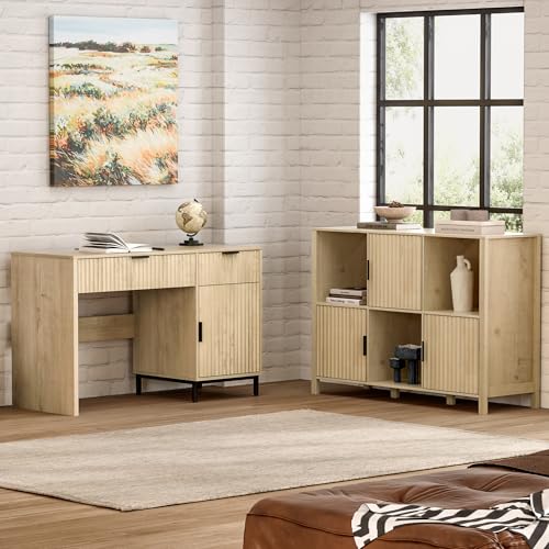 47" Fluted Executive Desk, Modern Wood Home Office Desk with Charging Station, Drawer & Cabinet, Computer Writing Desk for Work Study, Light Oak - color: Light Oak