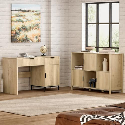 47" Fluted Executive Desk, Modern Wood Home Office Desk with Charging Station, Drawer & Cabinet, Computer Writing Desk for Work Study, Light Oak - color: Light Oak