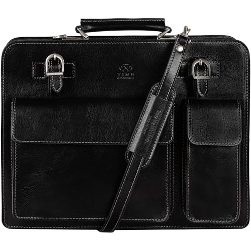Time Resistance Leather Briefcase - Classy Bag for Men - Business and Vintage Briefcase Made in Italy - color: Black