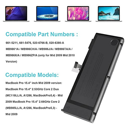 TREE.NB A1321 A1286 (Only for Mid 2009 Mid 2010 Version) Laptop Battery for MacBook Pro 15 Inch Battery A1321 A1286 MC371LL/A MC372LL/A MB985 MB986 MC118 020-6380-A 020-6766-B - size: 8.33x3.42x0.55inch A1321