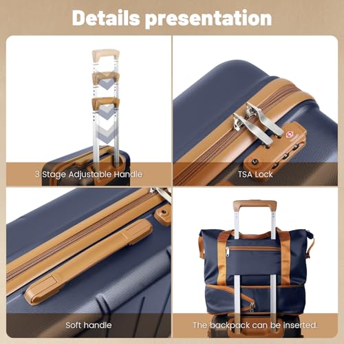 3-Piece Luggage Set with 20” Carry On Luggage 22x14x9 Airline Approved, Hardside Suitcase with Spinner Wheels & TSA Lock, Travel Suitcase for Business Trips & Weekend Getaways (Navy) - color: Blue, size: 3 Piece Set (20/DB/TB)