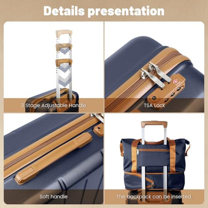 3-Piece Luggage Set with 20” Carry On Luggage 22x14x9 Airline Approved, Hardside Suitcase with Spinner Wheels & TSA Lock, Travel Suitcase for Business Trips & Weekend Getaways (Navy) - color: Blue, size: 3 Piece Set (20/DB/TB)