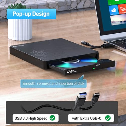 ORIGBELIE External CD DVD Drive 2 USB Port 2 TF/SD Card Slot &Carrying Case | USB C 3.0 CD DVD ROM Player Burner Reader Writer Rewriter Optical Disk Drive for Laptop PC Macbook OS Windows 11/10/8/7 Linux - size: 5.98" x 5.5" x 0.6"