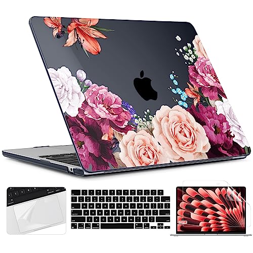 TWOLSKOO for MacBook Air 13 inch Case M5 2026 M4 2025 M3 M2 2024-2022 A3449 A3240 A3113 A2681, Plastic Hard Shell & Keyboard Cover & Screen Film for MacBook Air 13.6 inch Case, Black Peony - color: Black Peony