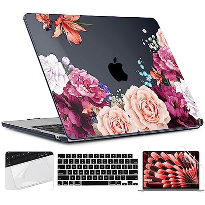 TWOLSKOO for MacBook Air 13 inch Case M5 2026 M4 2025 M3 M2 2024-2022 A3449 A3240 A3113 A2681, Plastic Hard Shell & Keyboard Cover & Screen Film for MacBook Air 13.6 inch Case, Black Peony - color: Black Peony
