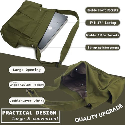 Canvas Messenger Bag Large Hobo Crossbody Bag with Multiple Pockets Casual Shoulder Tote Bag for Women and Men - color: Green 1