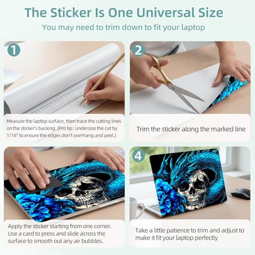 Universal Laptop Skin Decal, 3-Piece Vinyl Protector for 12 13 14 15.6" Notebook, Waterproof Anti-Scratch, Easy Trim & Bubble-Free Finish, Blue Dragon Skull Rose - color: Blue Dragon Skull Rose