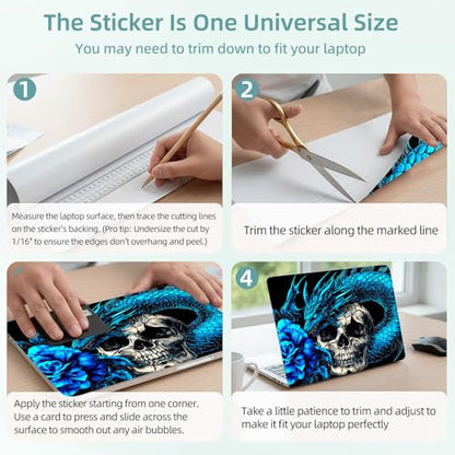 Universal Laptop Skin Decal, 3-Piece Vinyl Protector for 12 13 14 15.6" Notebook, Waterproof Anti-Scratch, Easy Trim & Bubble-Free Finish, Blue Dragon Skull Rose - color: Blue Dragon Skull Rose