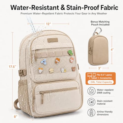 LOVEVOOK Laptop Backpack with Locking Cup Holder & Anti-Slip Strap, 15.6" Waterproof Travel Daypack Trolley Sleeve, Work College Commute Bag with Keychain Zip Pouch - color: Beige - Been Green, size: 15.6 Inch