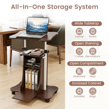 Giantex Mobile Podium Stand, Height Adjustable Laptop Computer Cart w/Tilting Top, Storage Cabinet & Lockable Wheels, Church Classroom Lecture, Sit-to-Stand Desk for Home Office (Brown,1) - color: Brown
