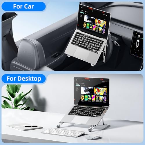 Adjustable Steering Wheel Laptop Mount, Foldable Car Laptop Desk-Silver | Metal Car Laptop Holder Sturdy, 5-Gear Adjustable Angle, Foldable Compact Space-Saving, In-Vehicle Reading Working - size: Laptop Stand-Silver