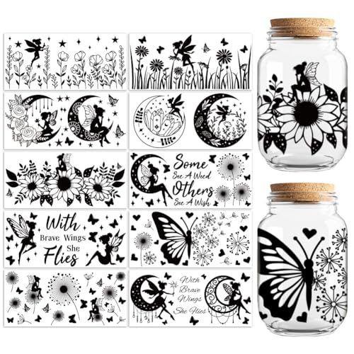Peacoblue UV DTF Cup Wraps Transfer Stickers Black Fairy Pattern, 10 Sheets Waterproof Custom Vinyl Transfer Sticker 16oz Coffee Glass Cup Tumbler Bottle Mug Decals for Men Women - style: Black Fairy