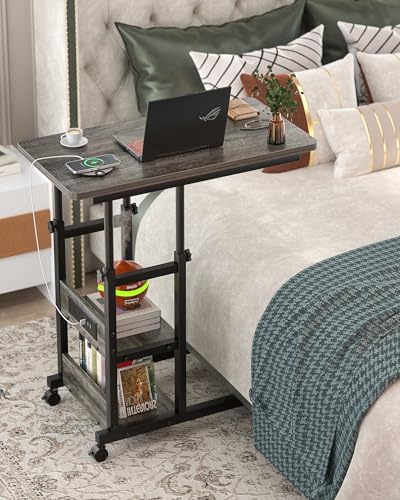 Height Adjustable End Table with Charging Station, Mobile C Shaped Laptop Side Table with Wheels, 3-Tier Sofa Couch Table with Storage Shelve for Living Room Bedroom, Grey Oak - color: Grey Oak