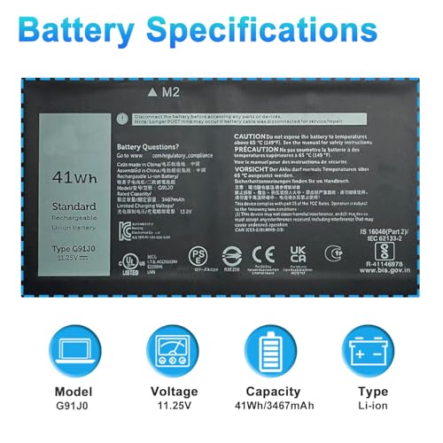 41Wh G91J0 Laptop Battery for Dell Latitude 3520 3420 3320 3330 Inspiron 3510 3511 3515 5310 5410 5418 5510 5515 5518 14 Plus 7420 7415 2-in-1 Vostro 5620 5625 Series JGCCT N9XX 0PG8YJ FH3K2 - size: 8.39*3.5*0.22inch G91J0